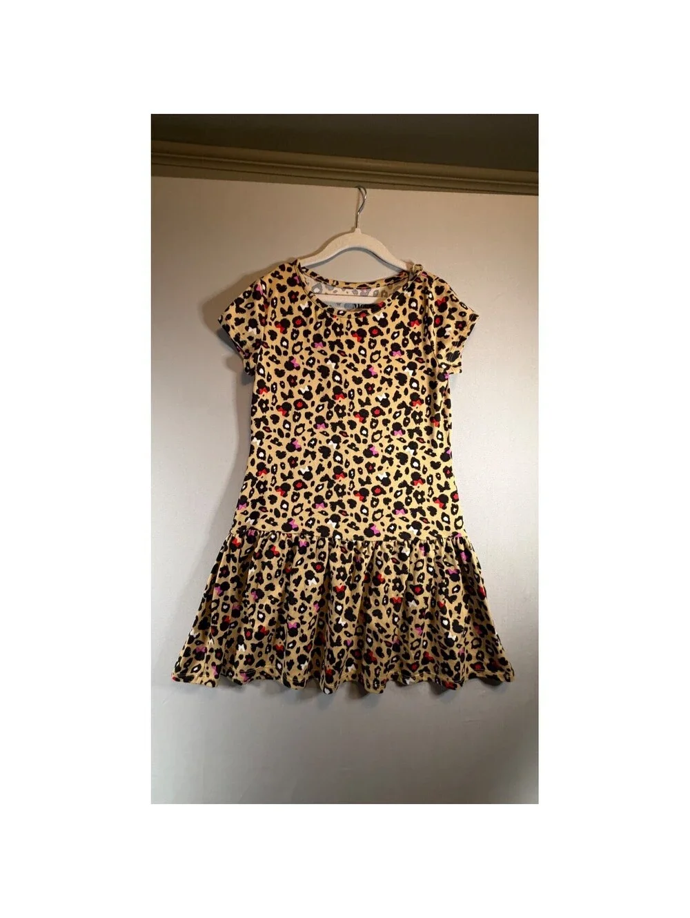 Disney Minnie Mouse Girls Leopard Print Drop Waist Dress Brown Tan Size M 7-8